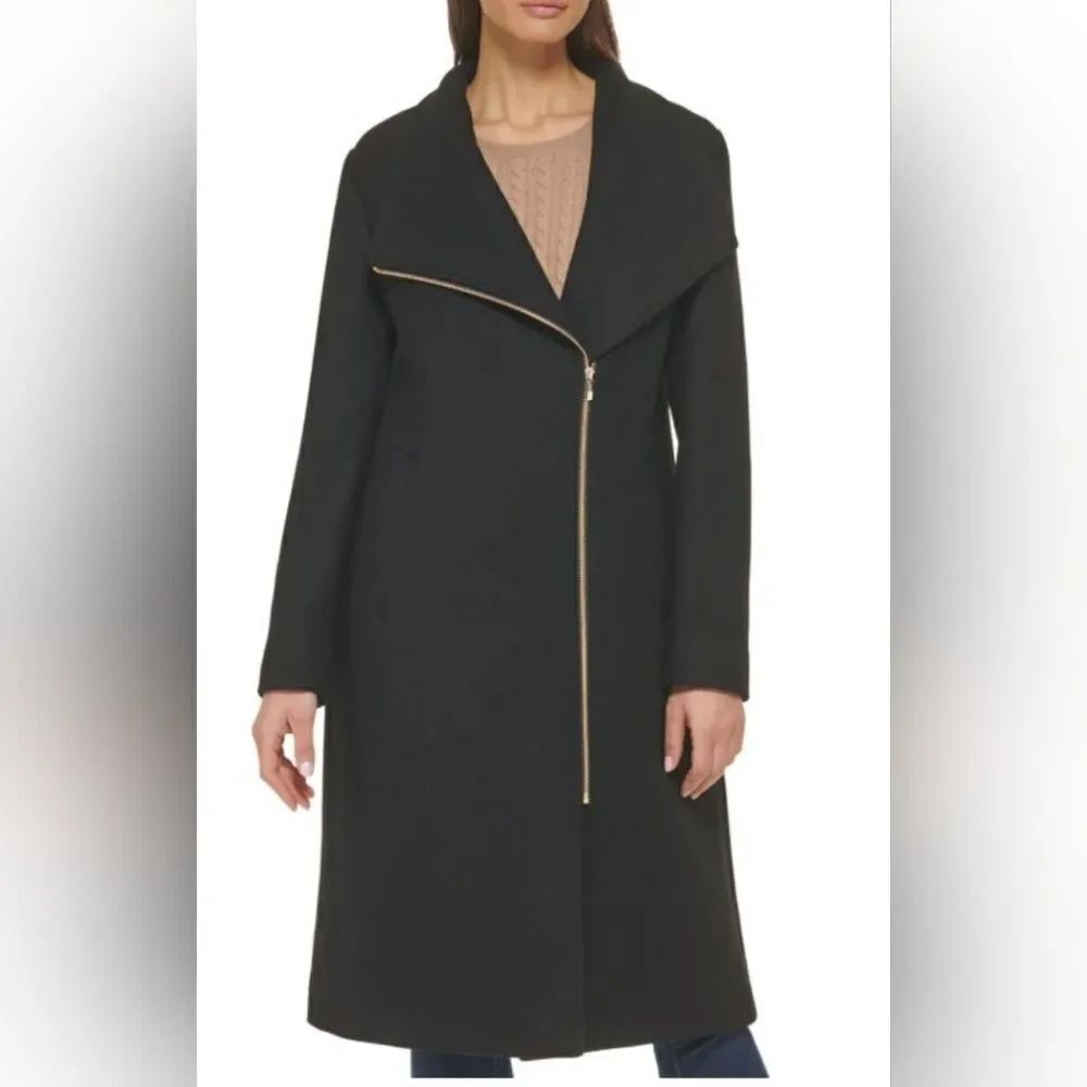 Cole Haan Asymmetric Zip Fine Twill Wool Blend Coat NWOT size 6 Black